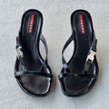 Prada | Vintage 2000s Black Leather Silver Logo Buckle Kitten Heel Mules (36.5)