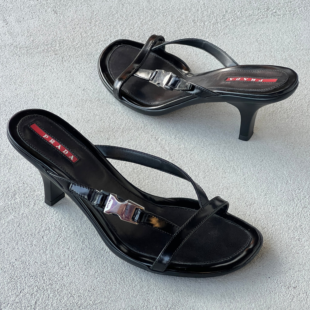 Prada | Vintage 2000s Black Leather Silver Logo Buckle Kitten Heel Mules (36.5)