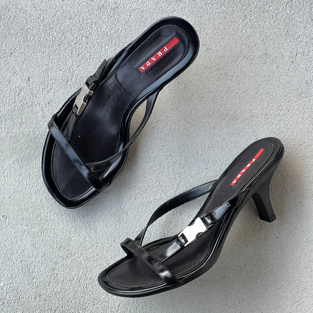 Prada | Vintage 2000s Black Leather Silver Logo Buckle Kitten Heel Mules (36.5)