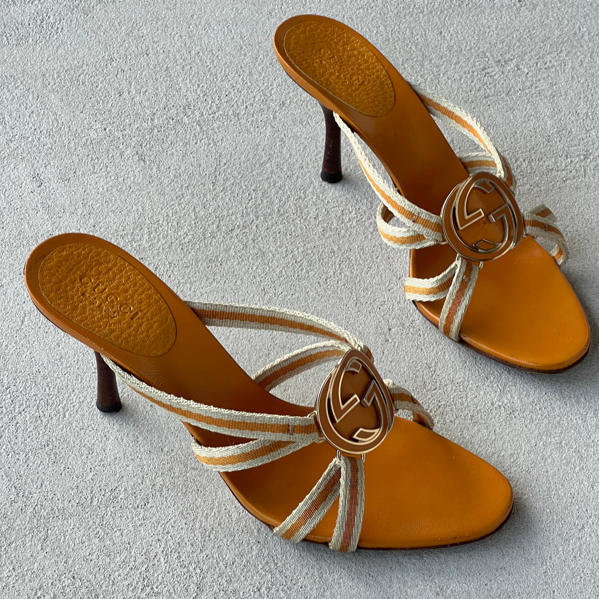 Gucci | Vintage Tom Ford Era Orange Interlocking G Strappy Slide Mules (36)