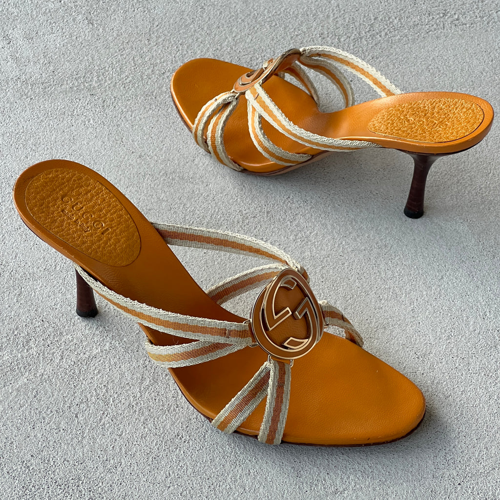 Gucci | Vintage Tom Ford Era Orange Interlocking G Strappy Slide Mules (36)