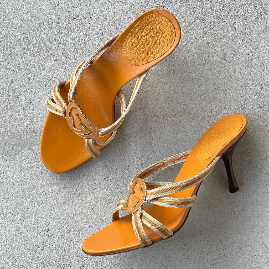 Gucci | Vintage Tom Ford Era Orange Interlocking G Strappy Slide Mules (36)