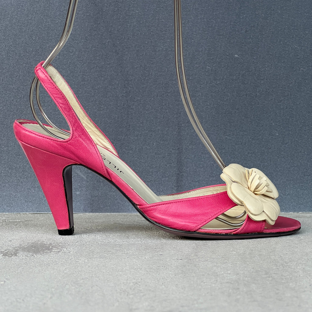 Jill Stuart | Pink Leather White Flower Applique Slingback Heels (36.5)