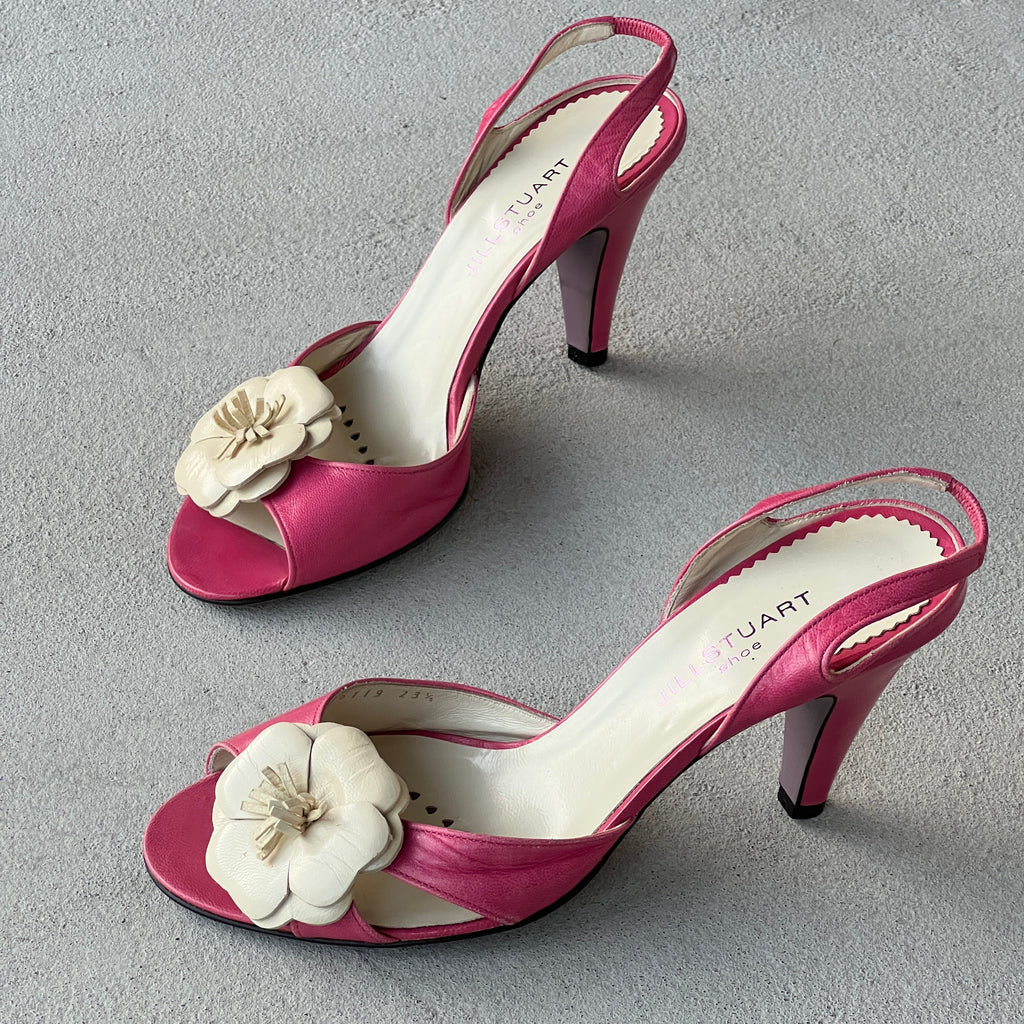 Jill Stuart | Pink Leather White Flower Applique Slingback Heels (36.5)