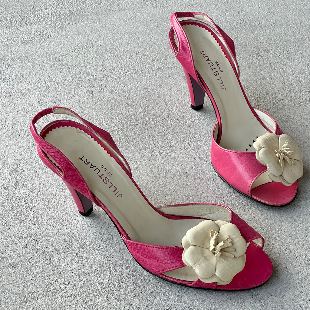 Jill Stuart | Pink Leather White Flower Applique Slingback Heels (36.5)