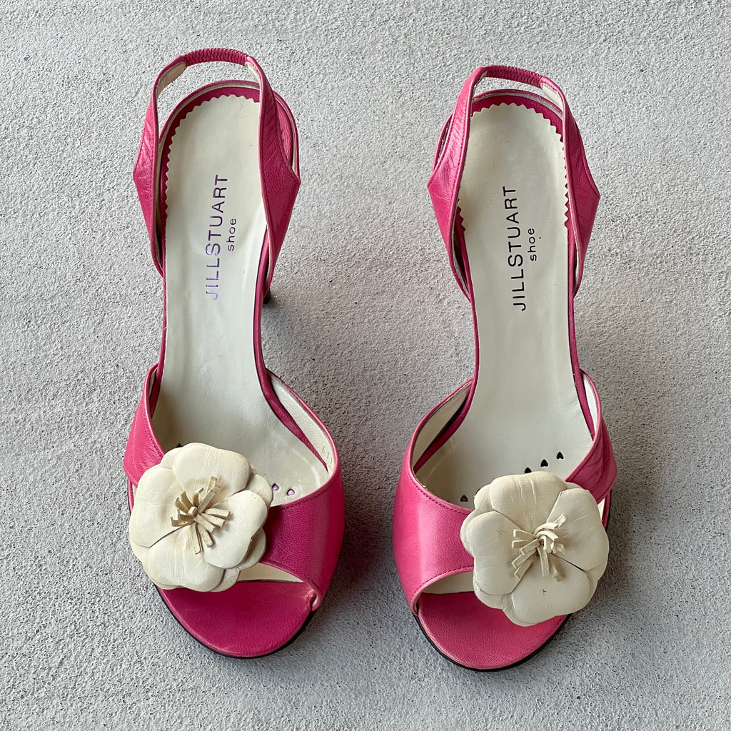 Jill Stuart | Pink Leather White Flower Applique Slingback Heels (36.5)