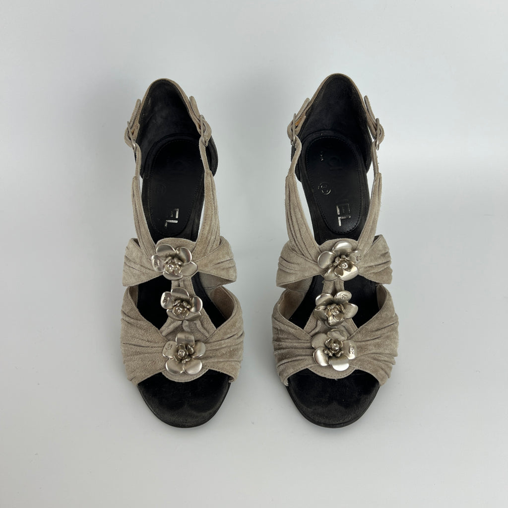 Chanel | Camellia Flower Silver Suede Leather Strappy Stiletto Heels (37)