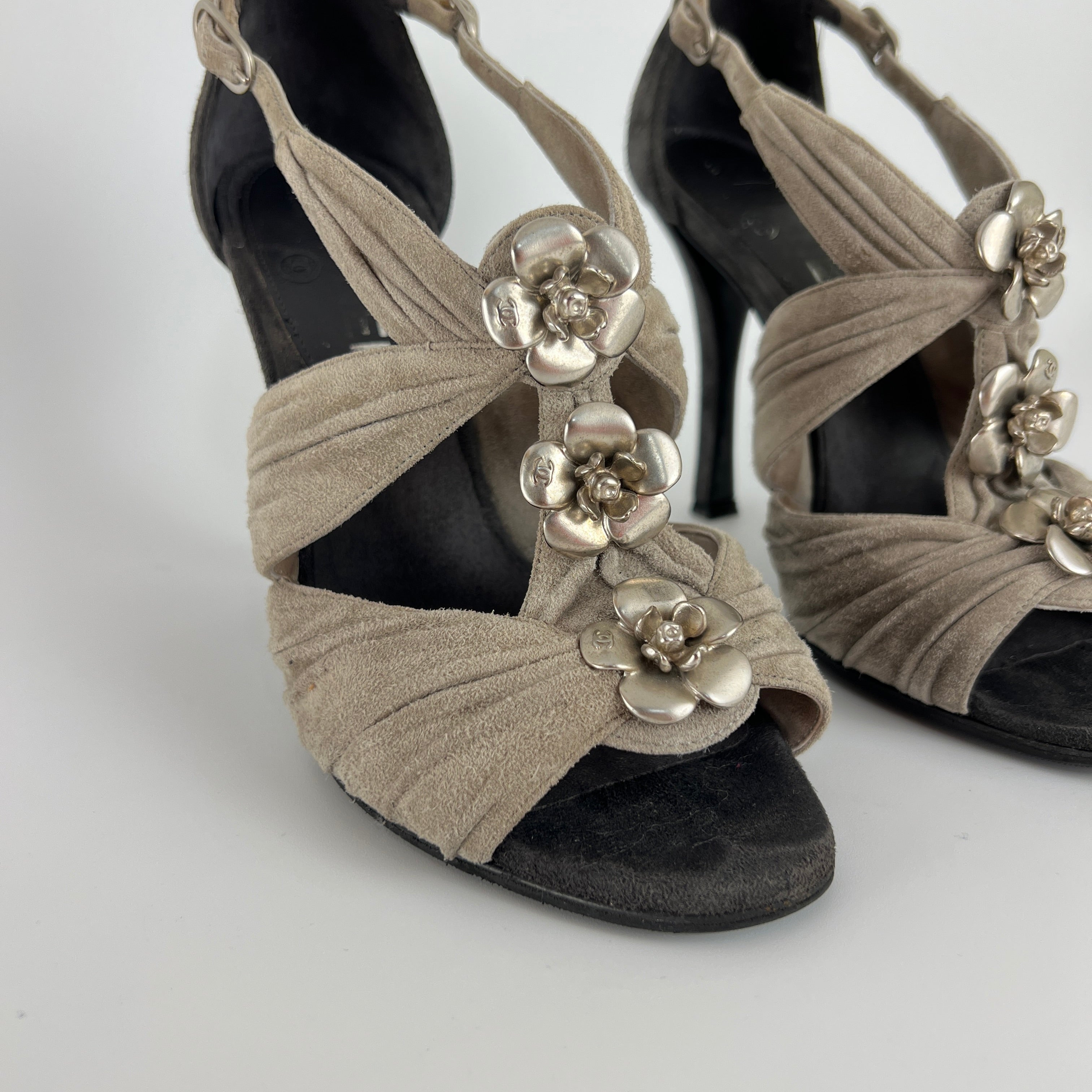 Chanel | Camellia Flower Silver Suede Leather Strappy Stiletto Heels (37)