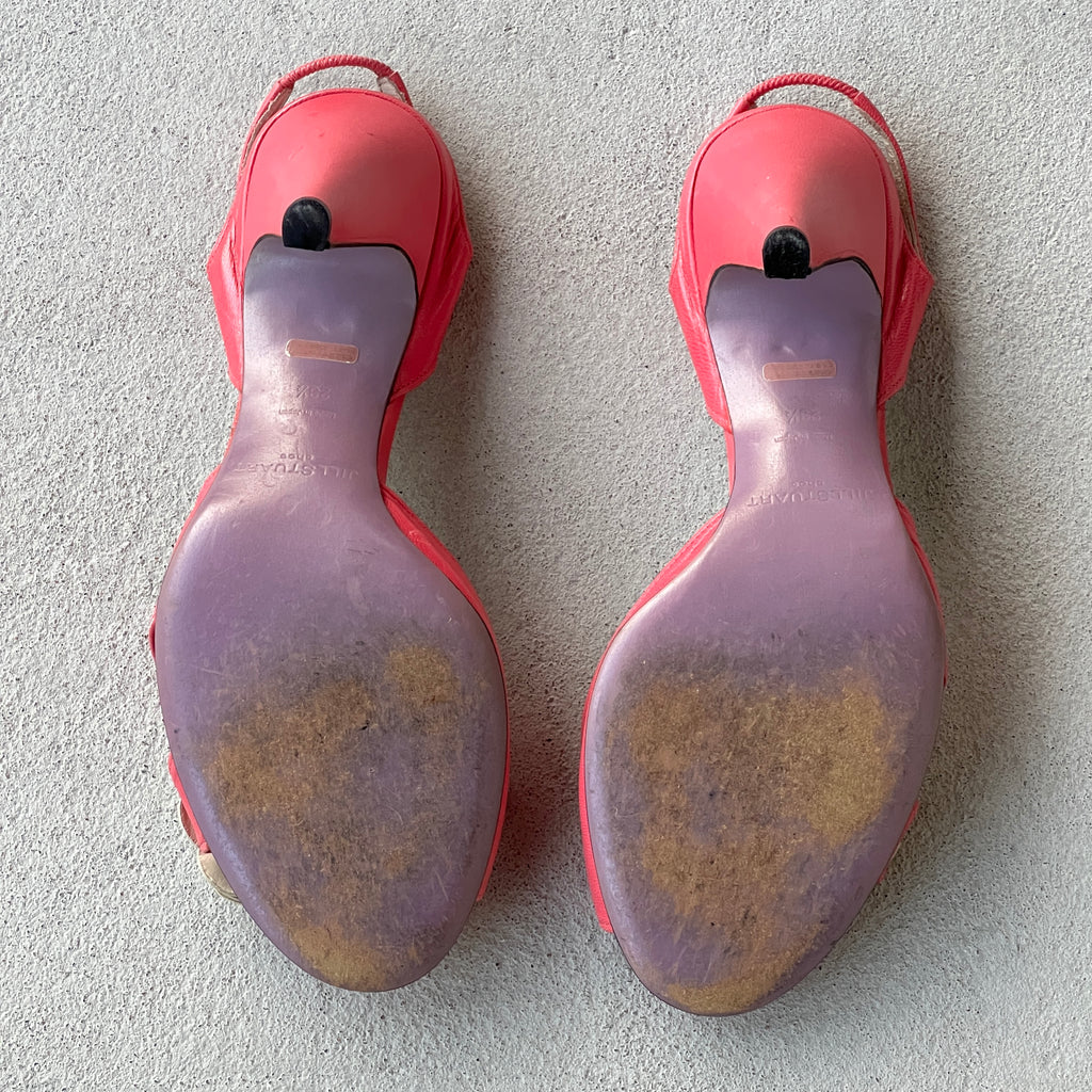 Jill Stuart | Pink Leather White Flower Applique Slingback Heels (36.5)