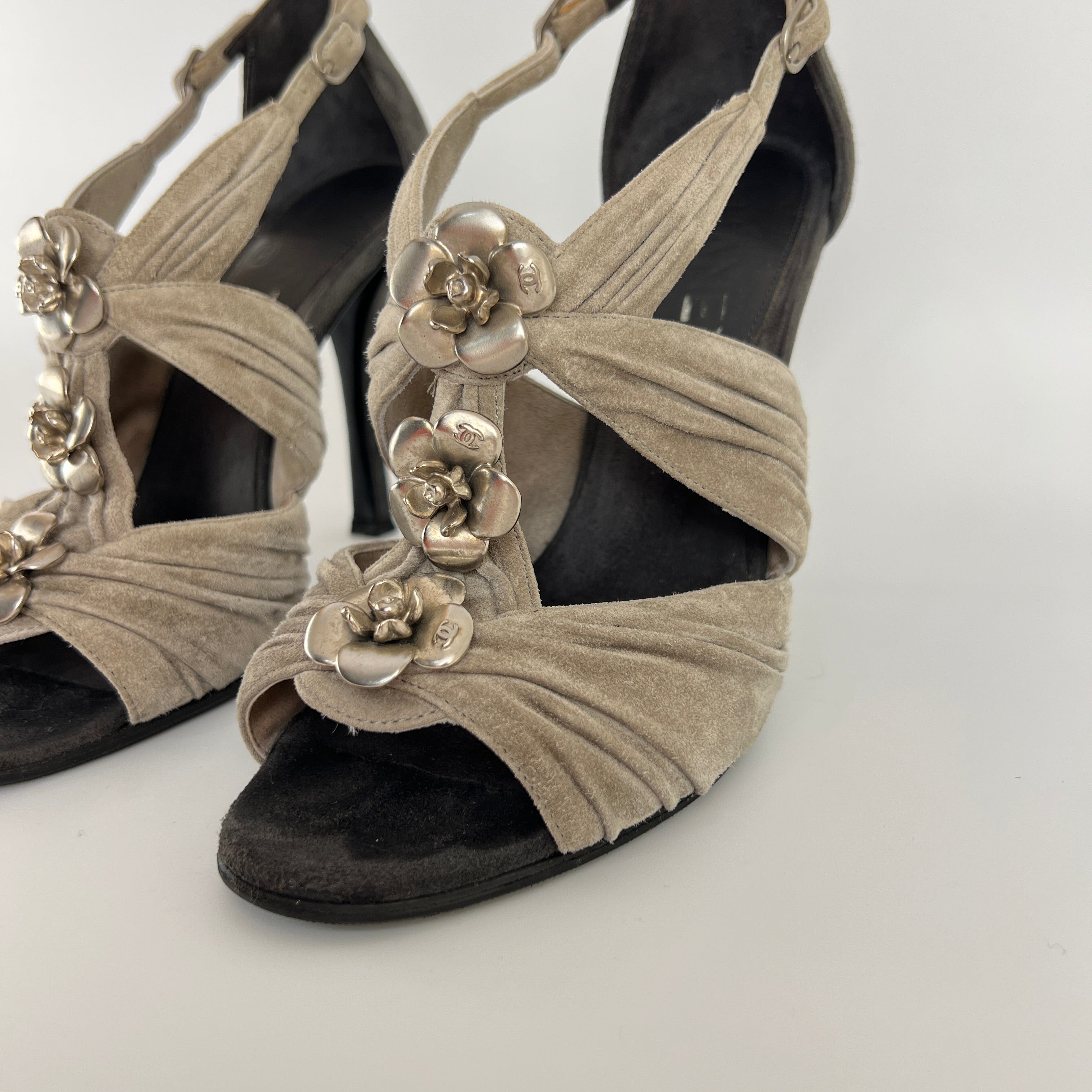 Chanel | Camellia Flower Silver Suede Leather Strappy Stiletto Heels (37)