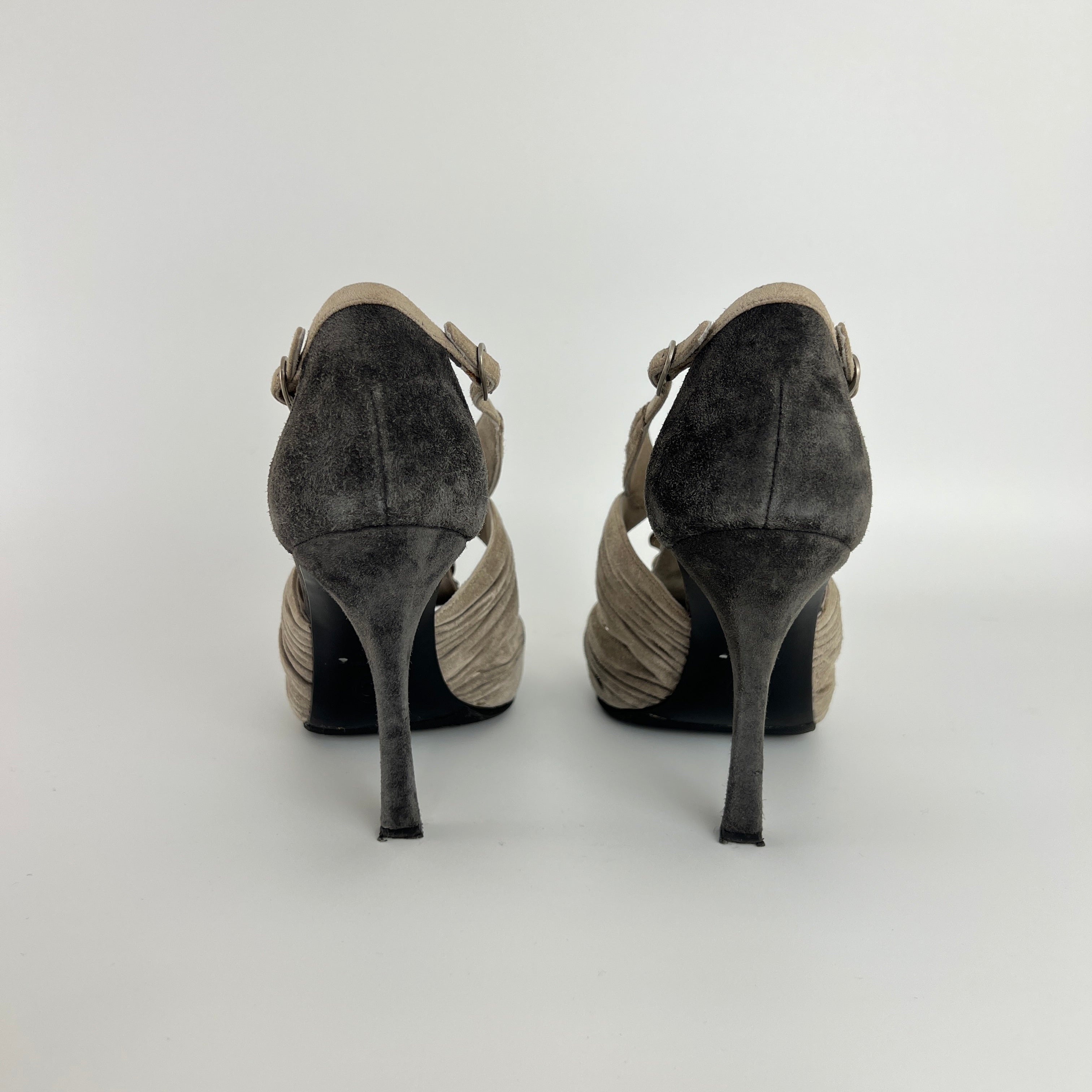 Chanel | Camellia Flower Silver Suede Leather Strappy Stiletto Heels (37)