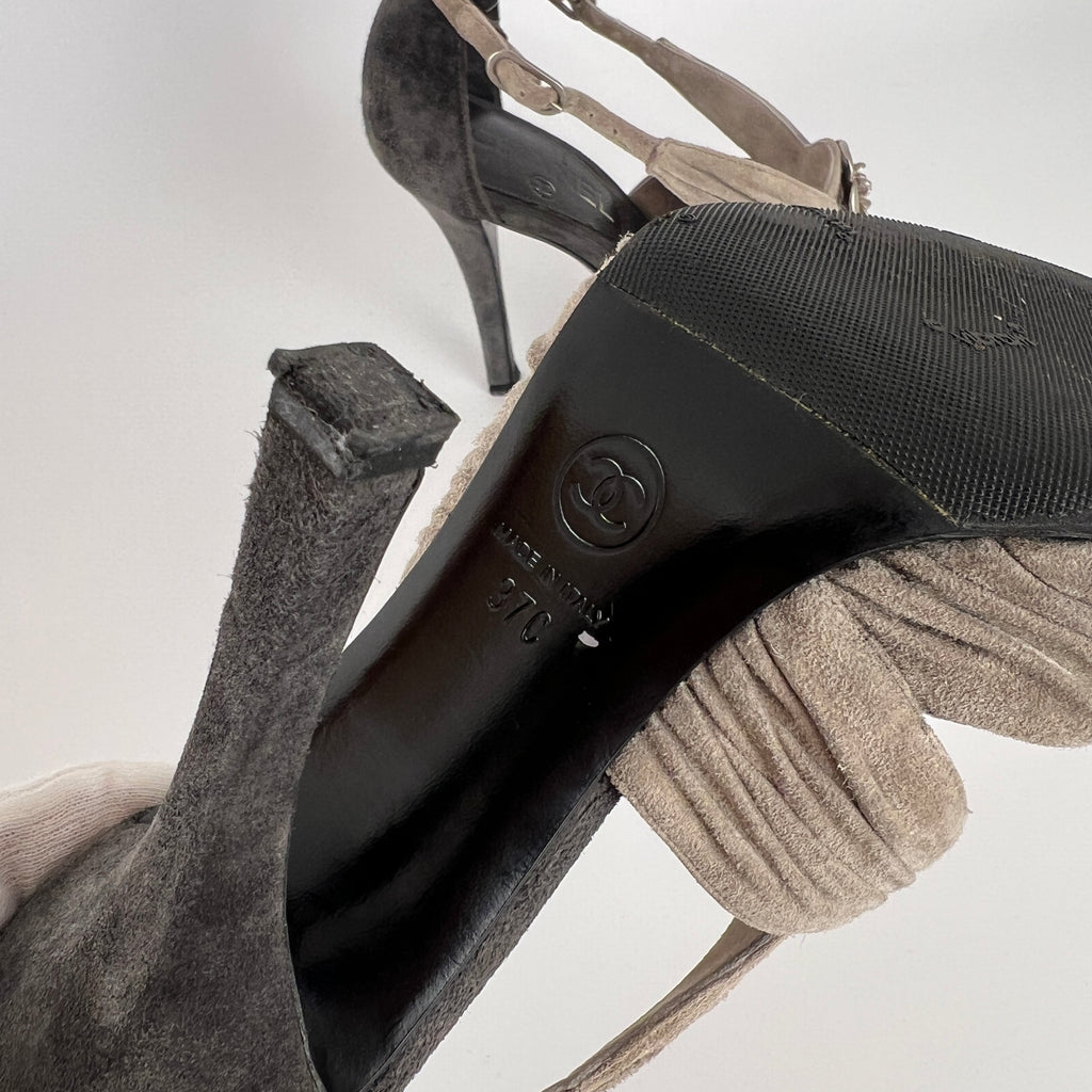 Chanel | Camellia Flower Silver Suede Leather Strappy Stiletto Heels (37)