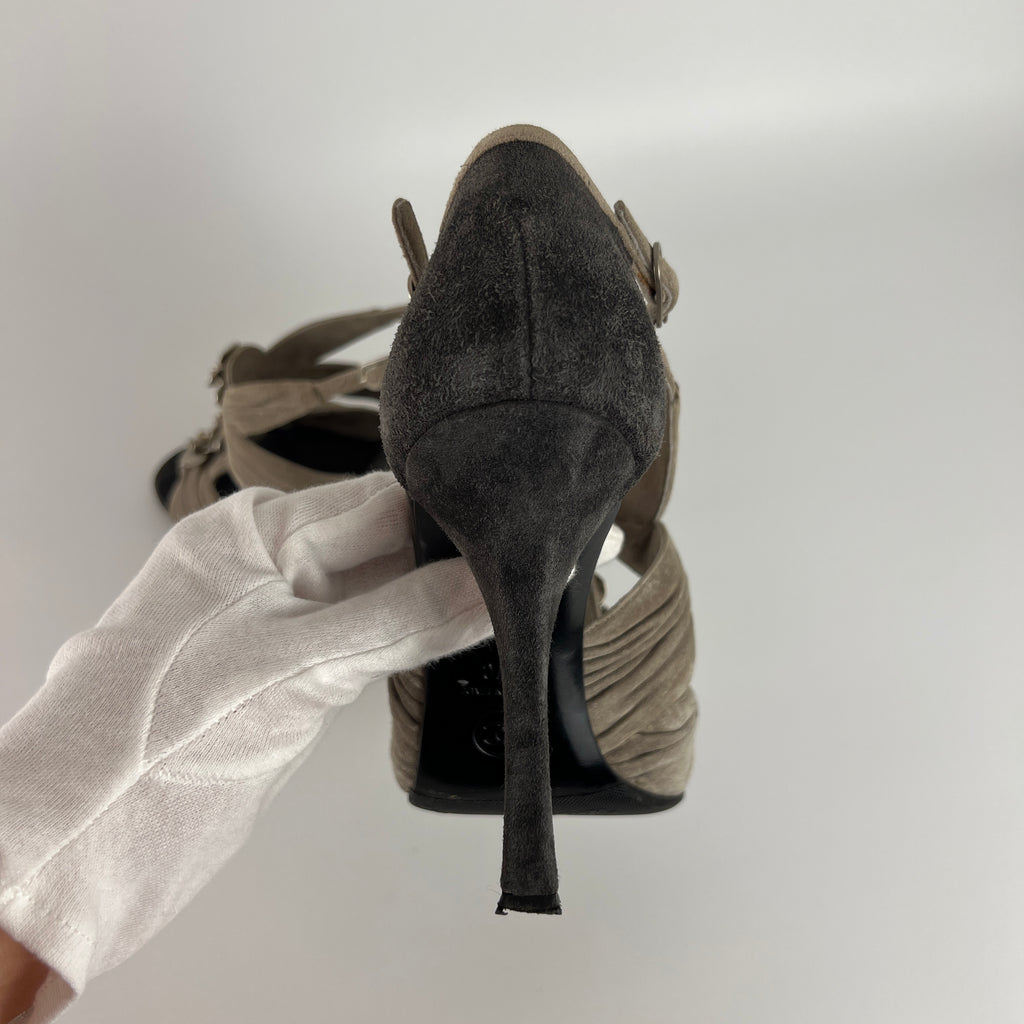 Chanel | Camellia Flower Silver Suede Leather Strappy Stiletto Heels (37)