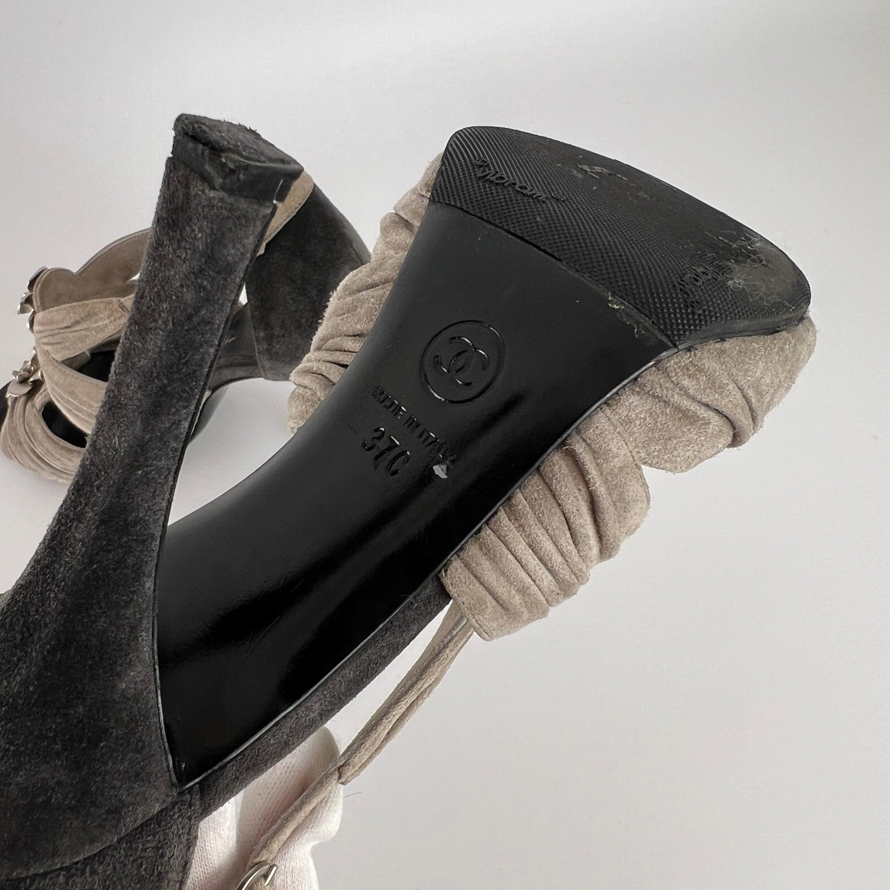 Chanel | Camellia Flower Silver Suede Leather Strappy Stiletto Heels (37)