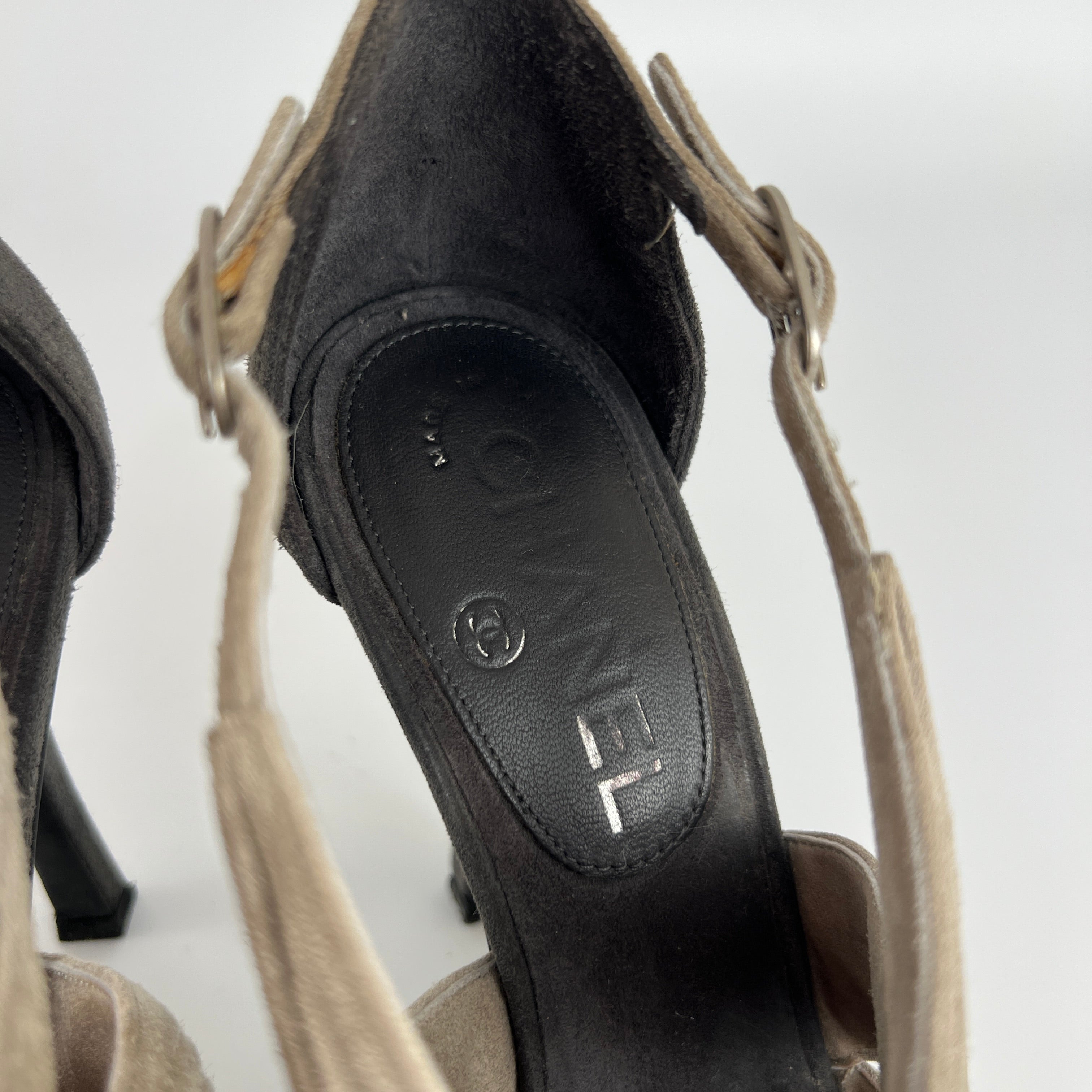 Chanel | Camellia Flower Silver Suede Leather Strappy Stiletto Heels (37)