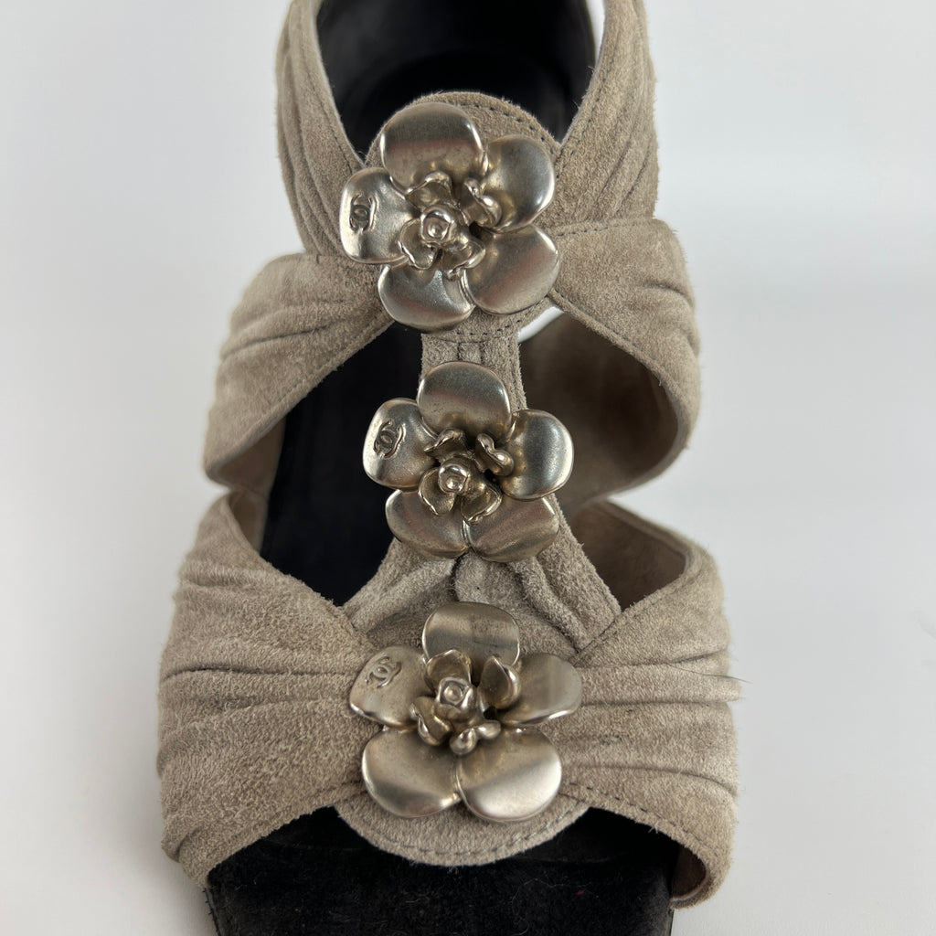 Chanel | Camellia Flower Silver Suede Leather Strappy Stiletto Heels (37)