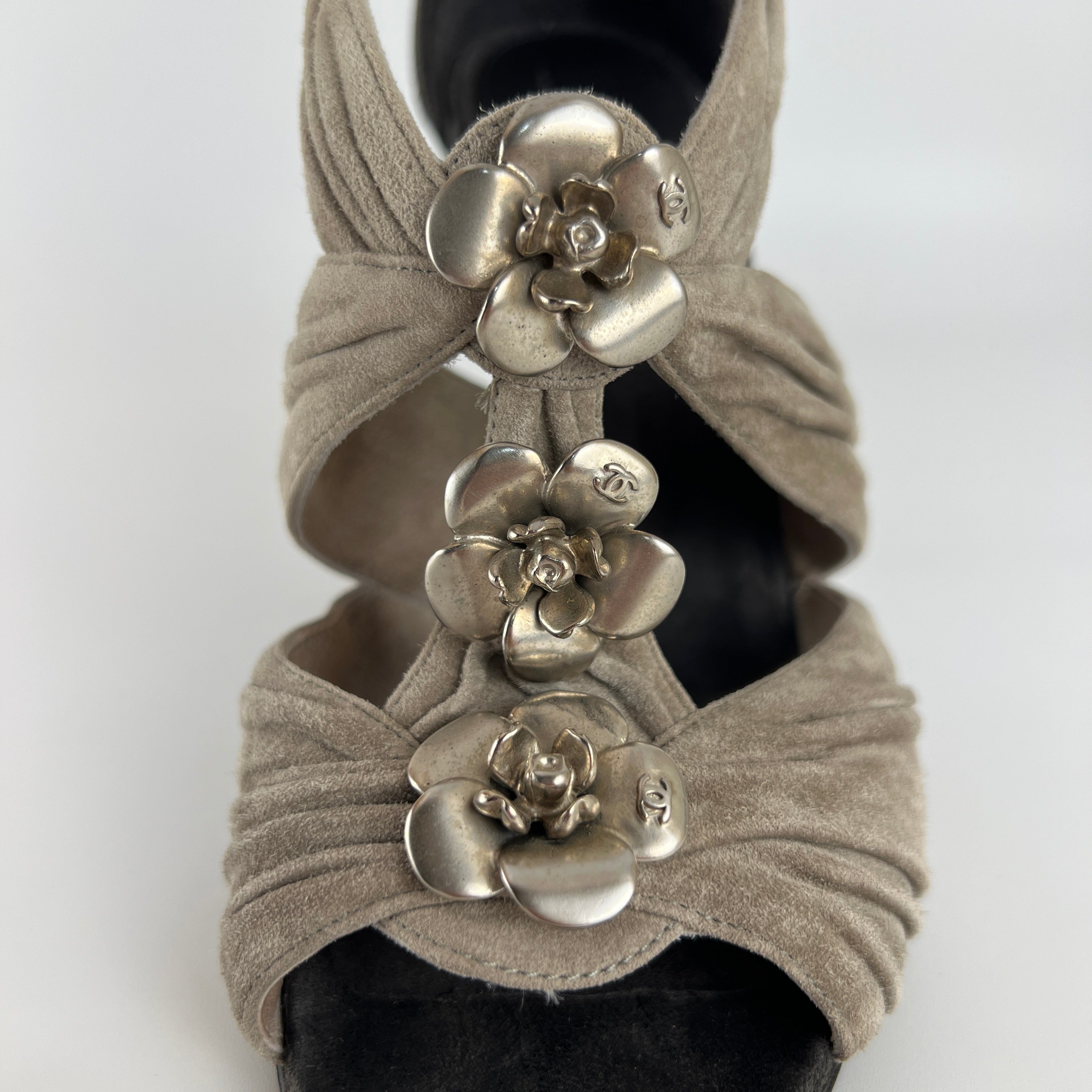 Chanel | Camellia Flower Silver Suede Leather Strappy Stiletto Heels (37)