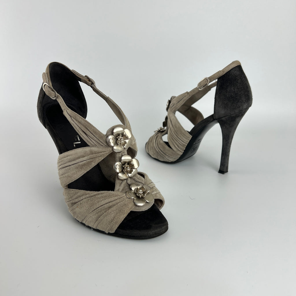 Chanel | Camellia Flower Silver Suede Leather Strappy Stiletto Heels (37)