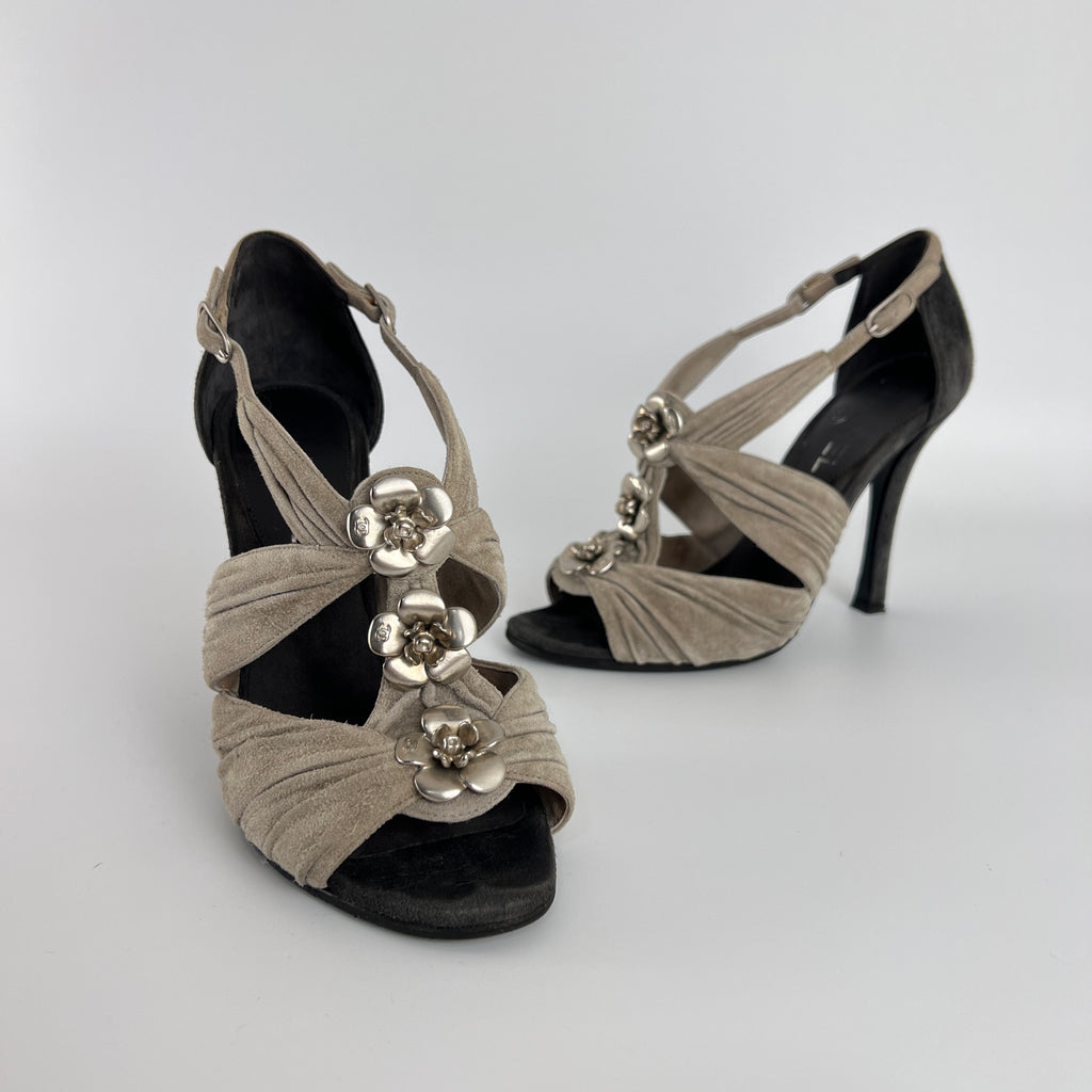 Chanel | Camellia Flower Silver Suede Leather Strappy Stiletto Heels (37)