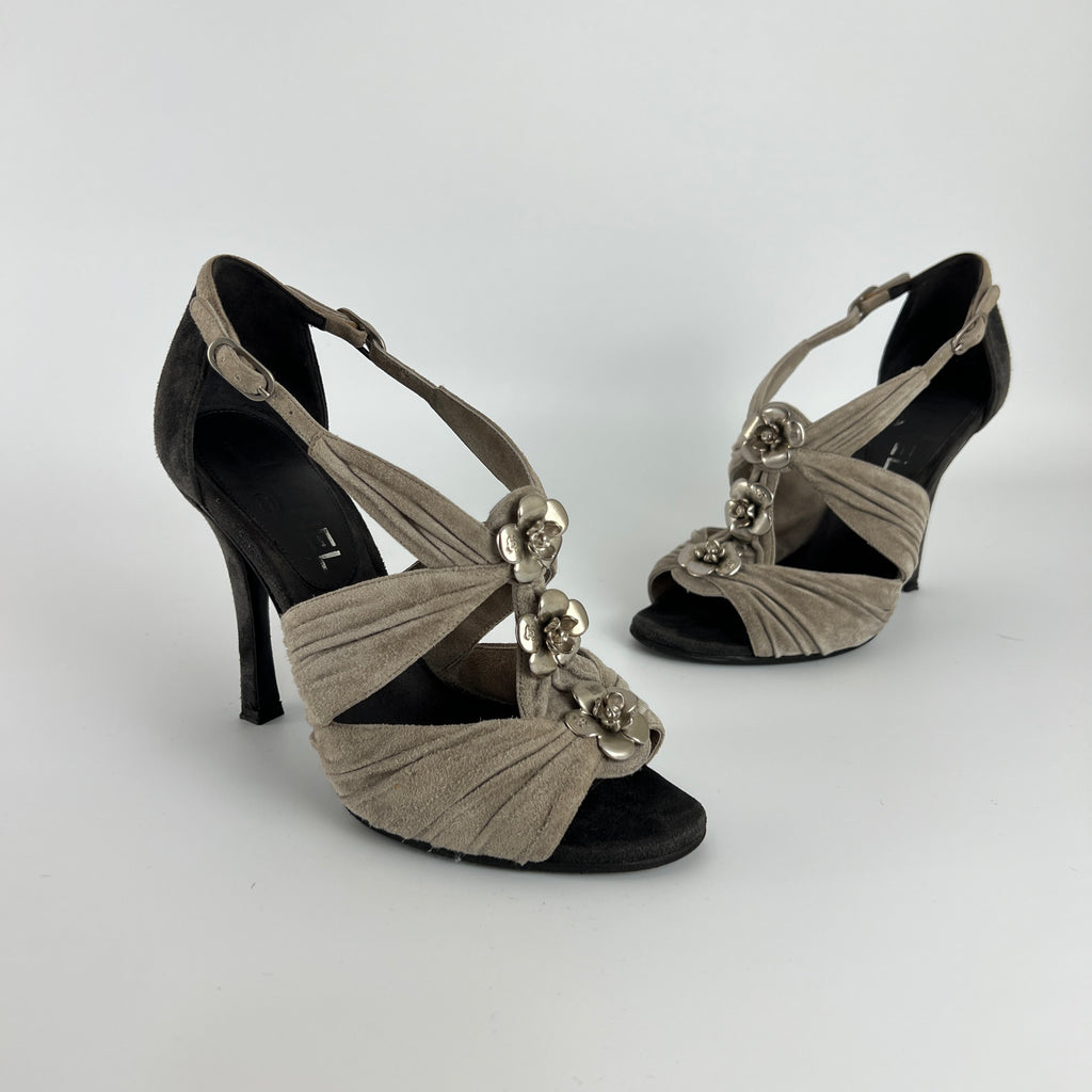 Chanel | Camellia Flower Silver Suede Leather Strappy Stiletto Heels (37)