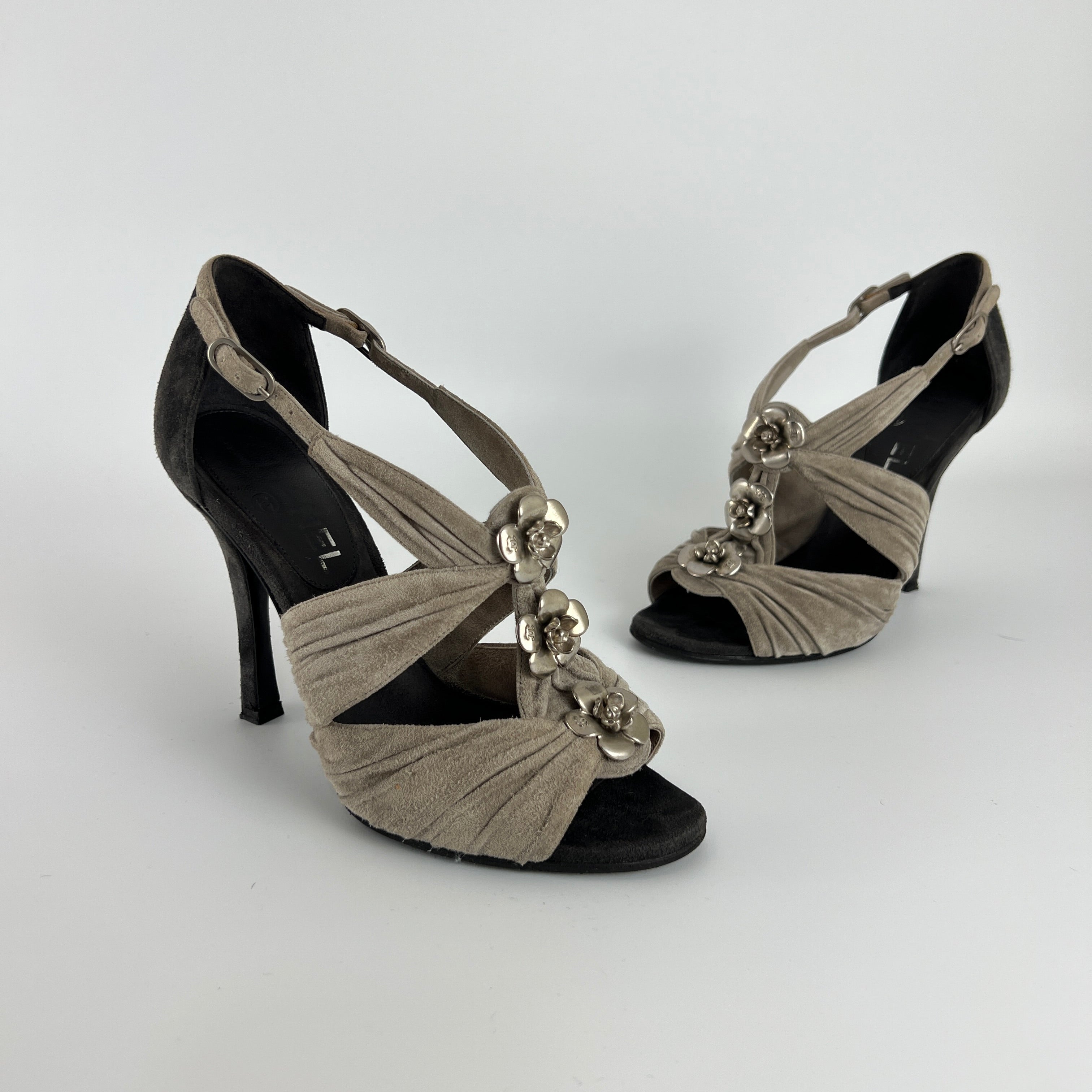 Chanel | Camellia Flower Silver Suede Leather Strappy Stiletto Heels (37)