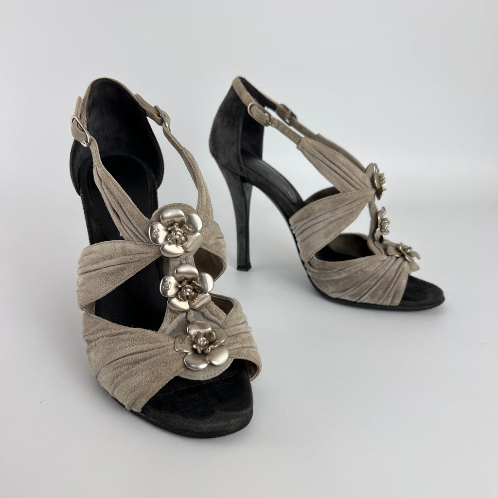 Chanel | Camellia Flower Silver Suede Leather Strappy Stiletto Heels (37)