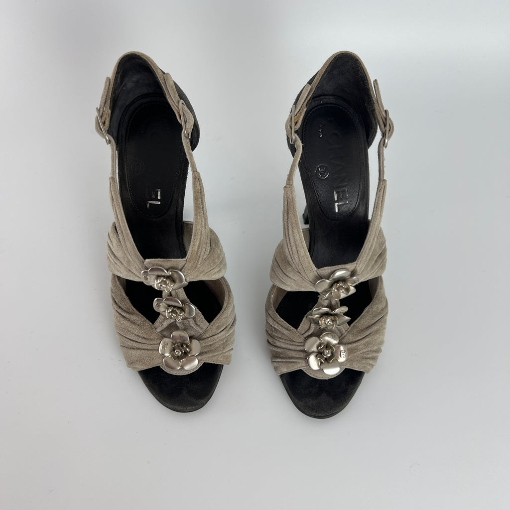 Chanel | Camellia Flower Silver Suede Leather Strappy Stiletto Heels (37)