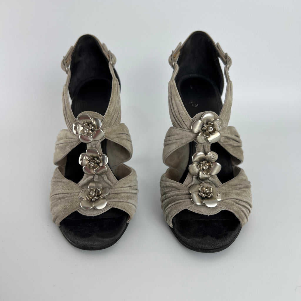 Chanel | Camellia Flower Silver Suede Leather Strappy Stiletto Heels (37)