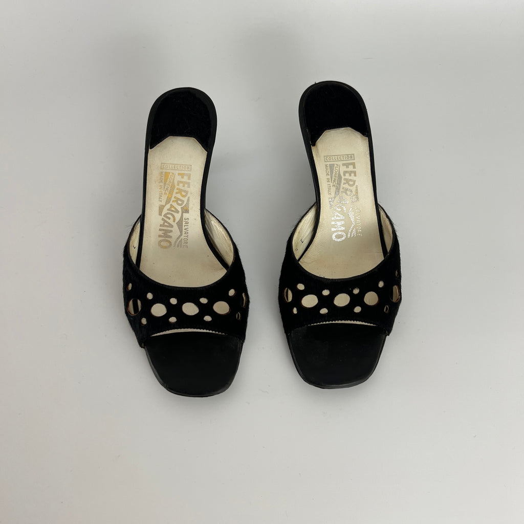 Ferragamo | Black Cow Hair Round Cut Out Mid Heel Mules (6.5 / EU 36.5)