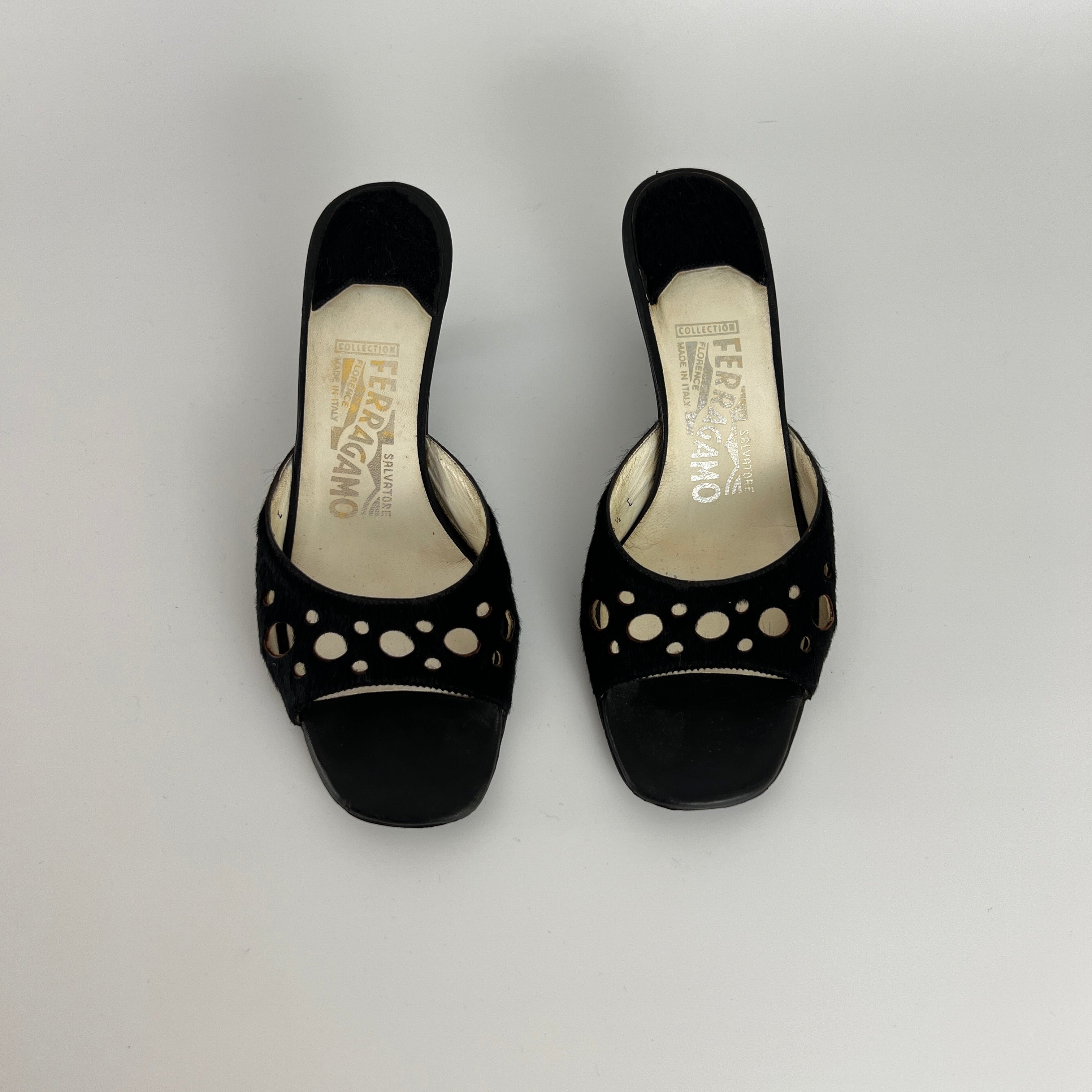 Ferragamo | Black Cow Hair Round Cut Out Mid Heel Mules (6.5 / EU 36.5)