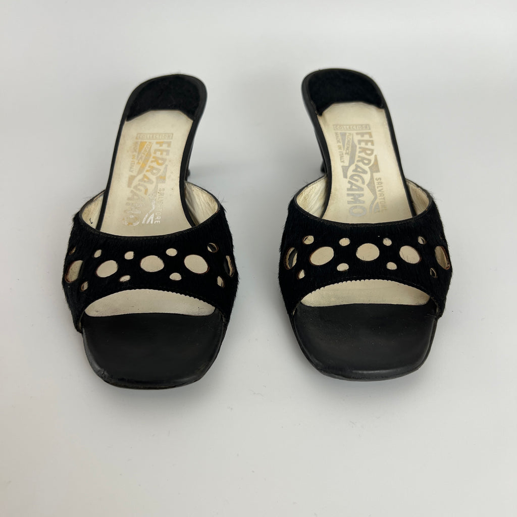 Ferragamo | Black Cow Hair Round Cut Out Mid Heel Mules (6.5 / EU 36.5)