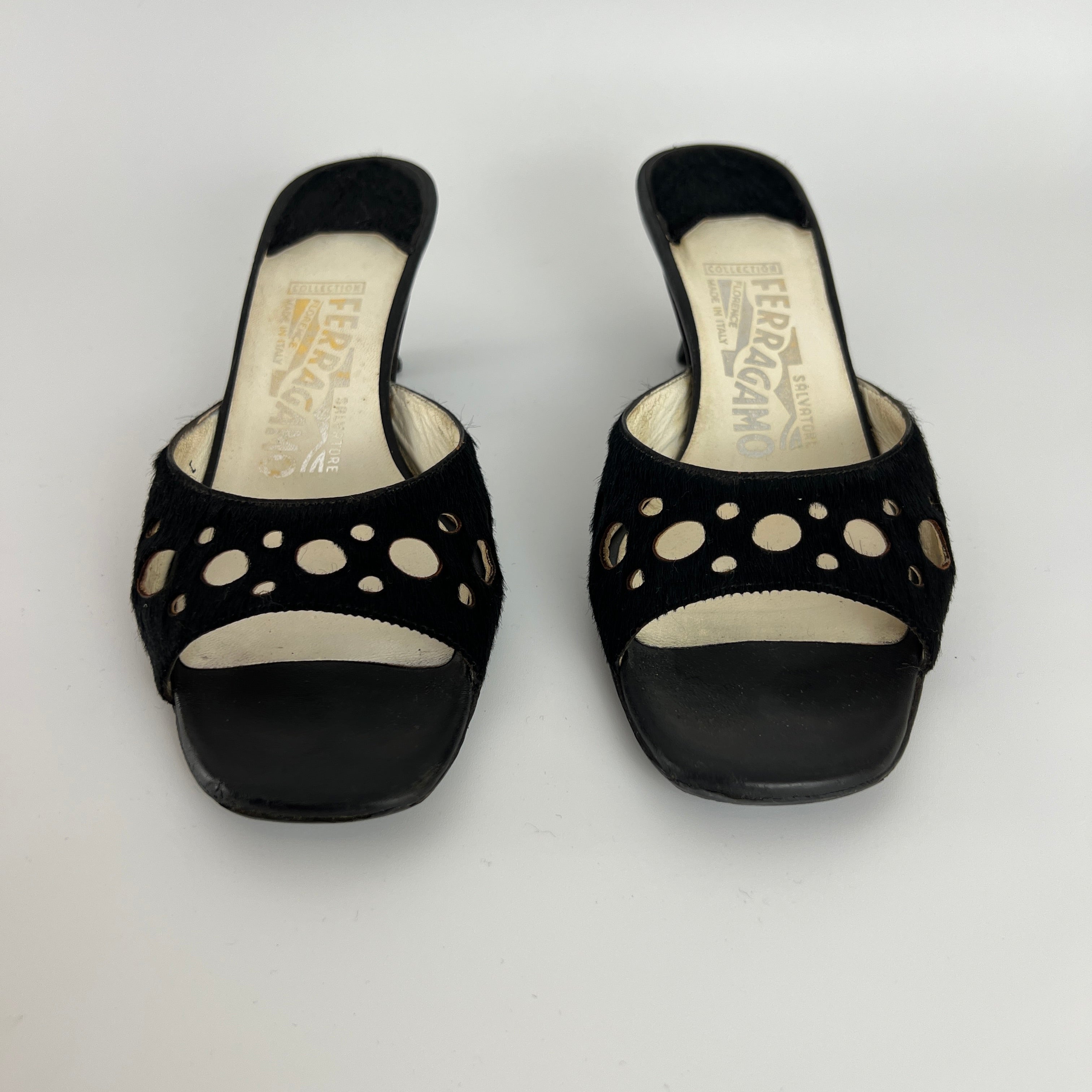 Ferragamo | Black Cow Hair Round Cut Out Mid Heel Mules (6.5 / EU 36.5)