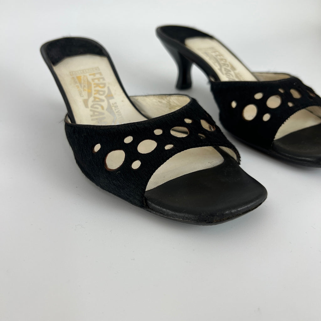 Ferragamo | Black Cow Hair Round Cut Out Mid Heel Mules (6.5 / EU 36.5)