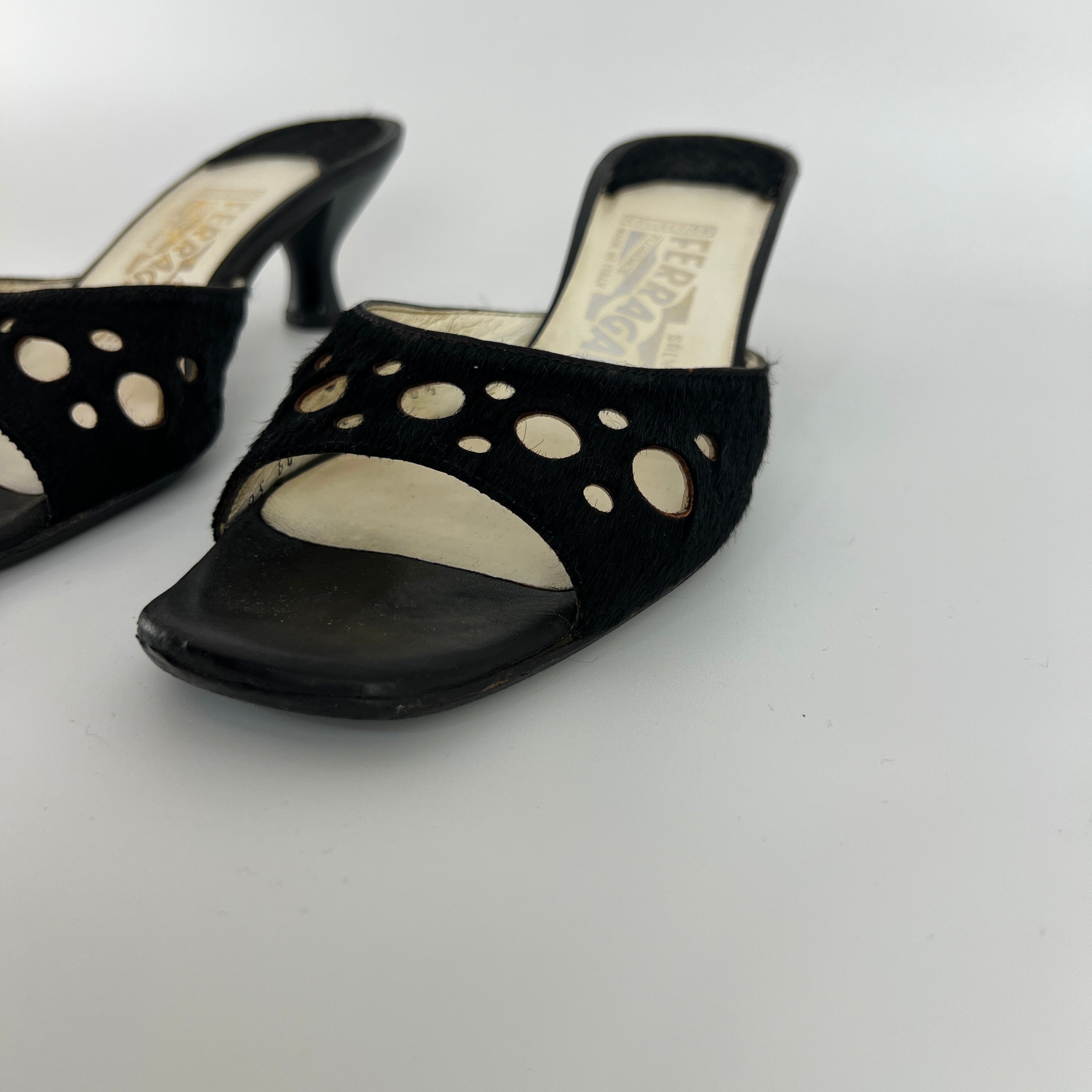 Ferragamo | Black Cow Hair Round Cut Out Mid Heel Mules (6.5 / EU 36.5)