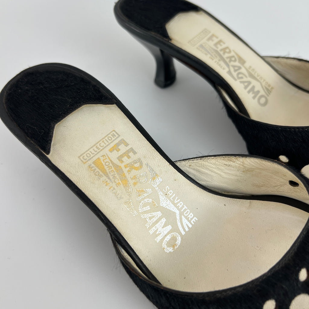 Ferragamo | Black Cow Hair Round Cut Out Mid Heel Mules (6.5 / EU 36.5)