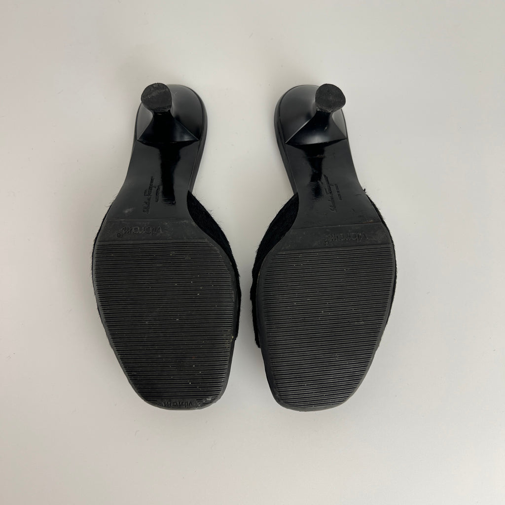 Ferragamo | Black Cow Hair Round Cut Out Mid Heel Mules (6.5 / EU 36.5)
