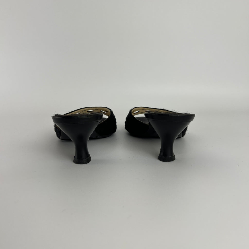 Ferragamo | Black Cow Hair Round Cut Out Mid Heel Mules (6.5 / EU 36.5)