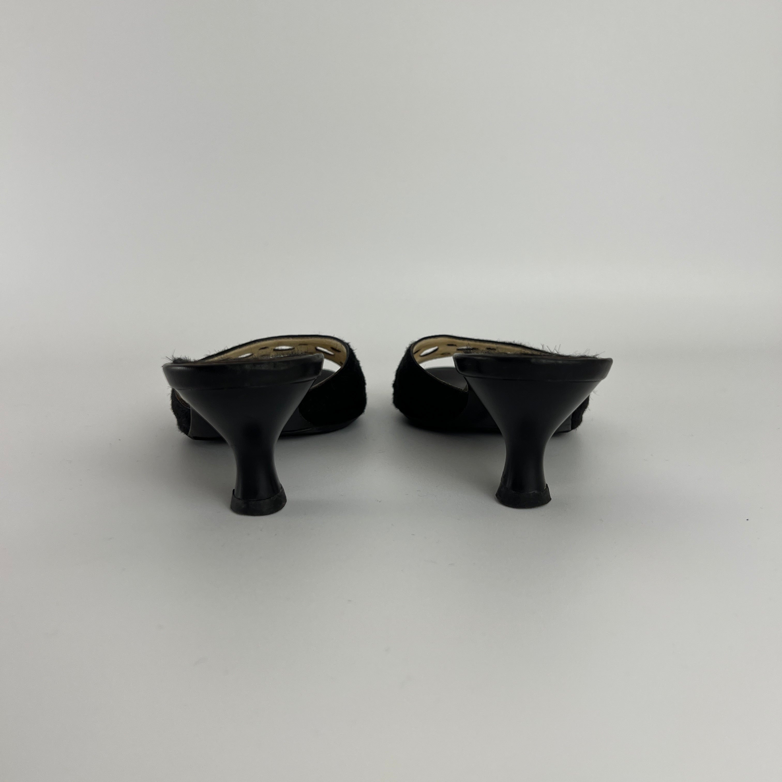 Ferragamo | Black Cow Hair Round Cut Out Mid Heel Mules (6.5 / EU 36.5)