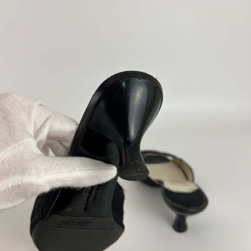 Ferragamo | Black Cow Hair Round Cut Out Mid Heel Mules (6.5 / EU 36.5)