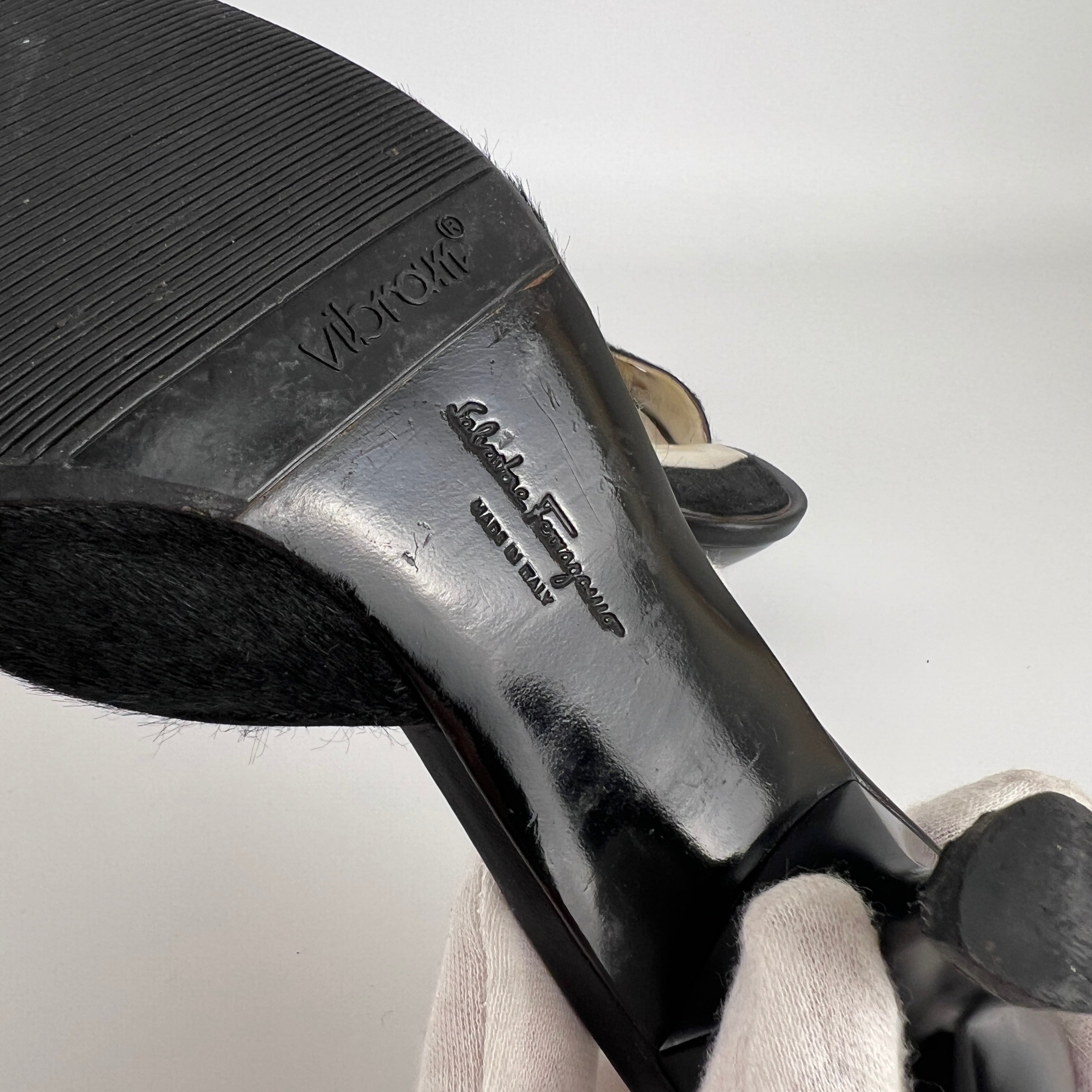 Ferragamo | Black Cow Hair Round Cut Out Mid Heel Mules (6.5 / EU 36.5)