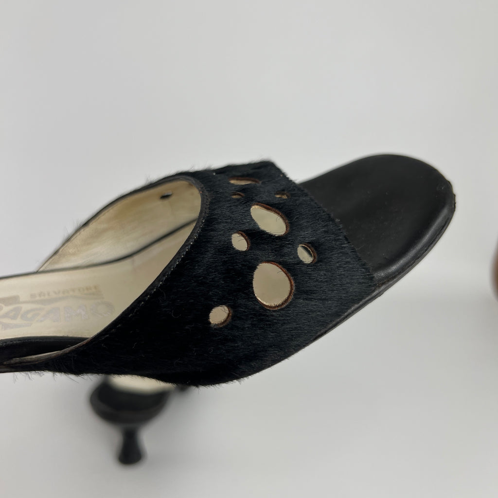 Ferragamo | Black Cow Hair Round Cut Out Mid Heel Mules (6.5 / EU 36.5)