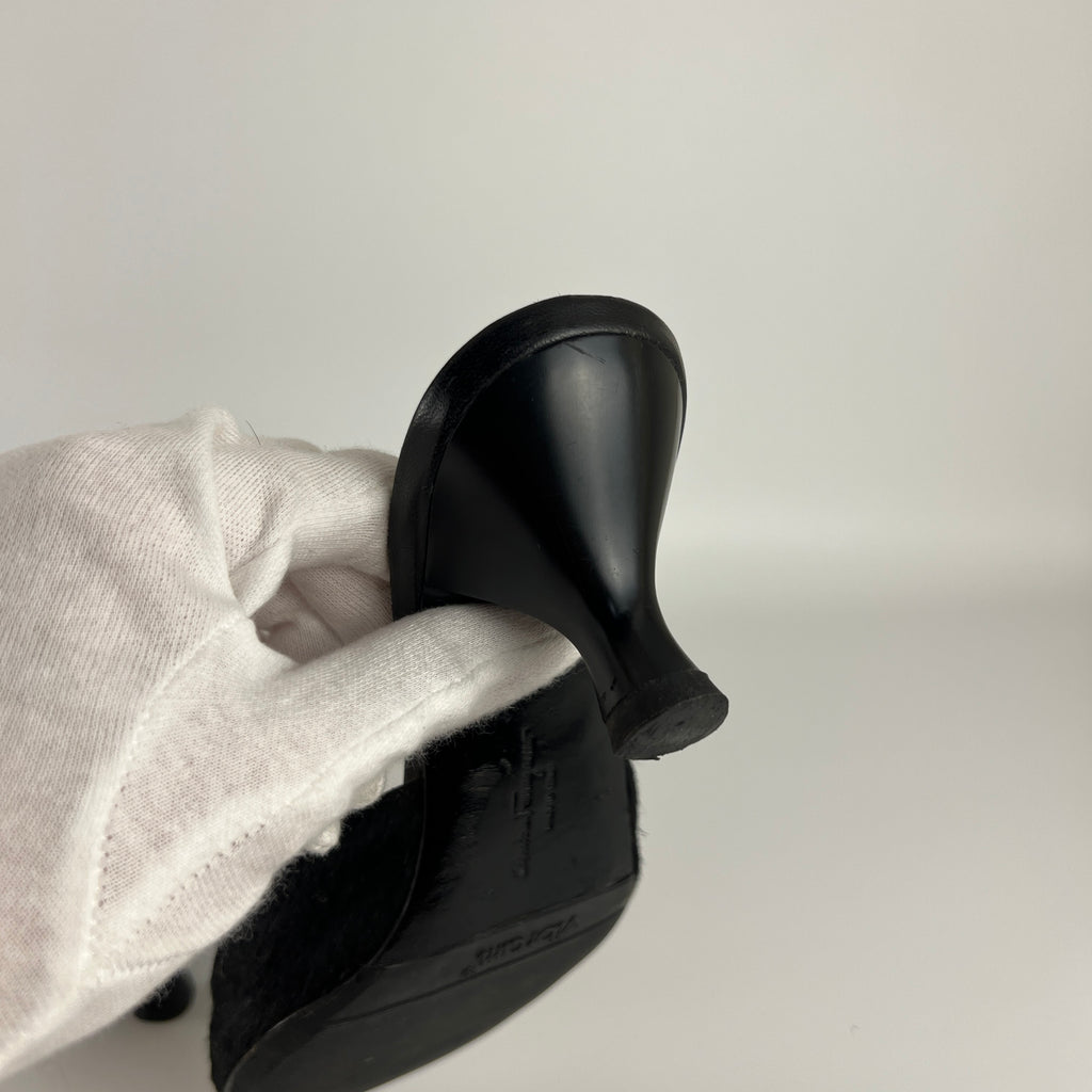 Ferragamo | Black Cow Hair Round Cut Out Mid Heel Mules (6.5 / EU 36.5)