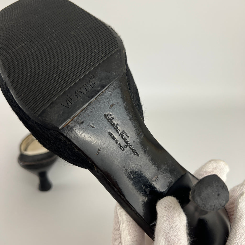 Ferragamo | Black Cow Hair Round Cut Out Mid Heel Mules (6.5 / EU 36.5)