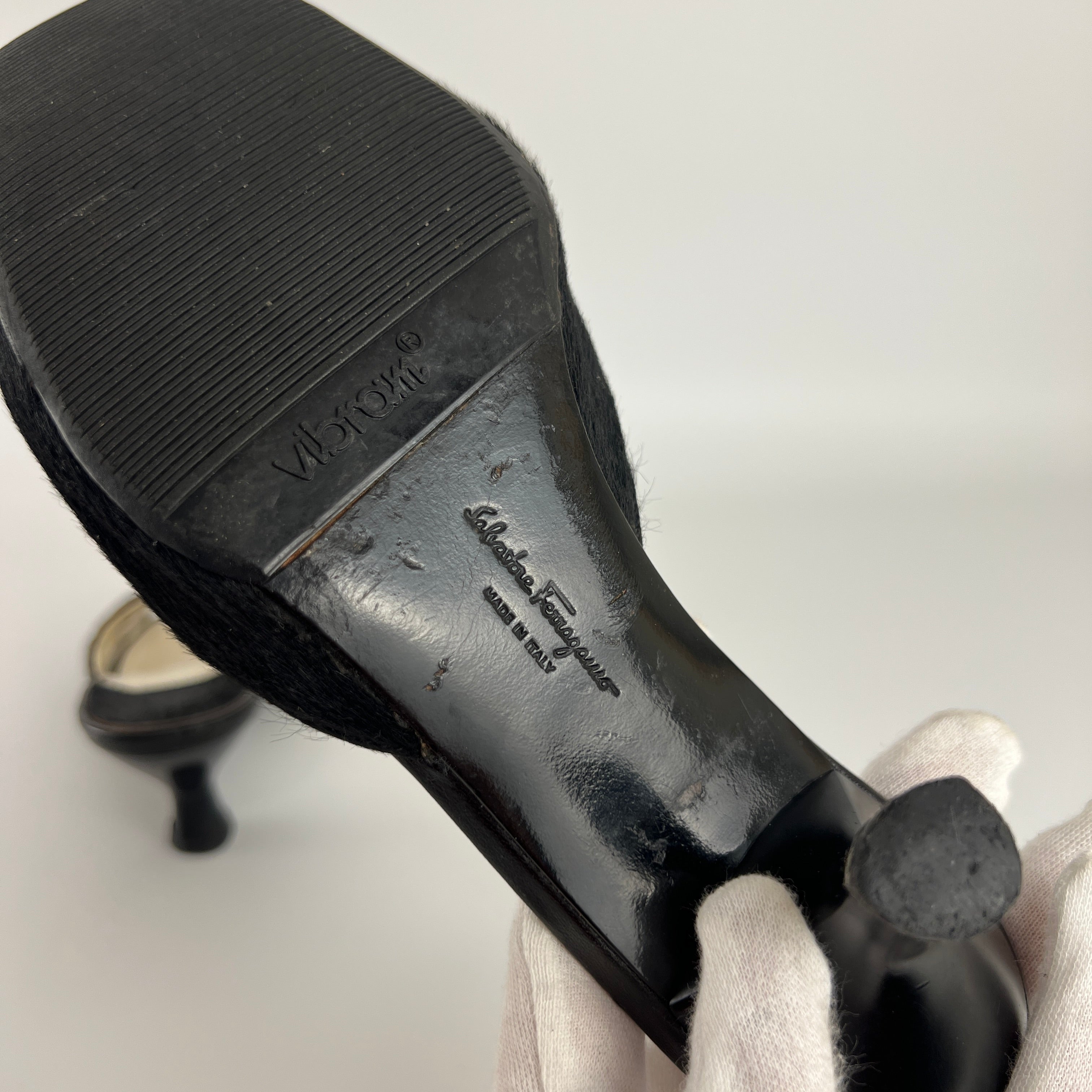 Ferragamo | Black Cow Hair Round Cut Out Mid Heel Mules (6.5 / EU 36.5)