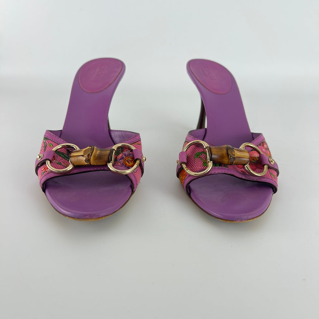 Gucci | Tom Ford Era Bamboo Horsebit Purple Canvas Mules (36C)