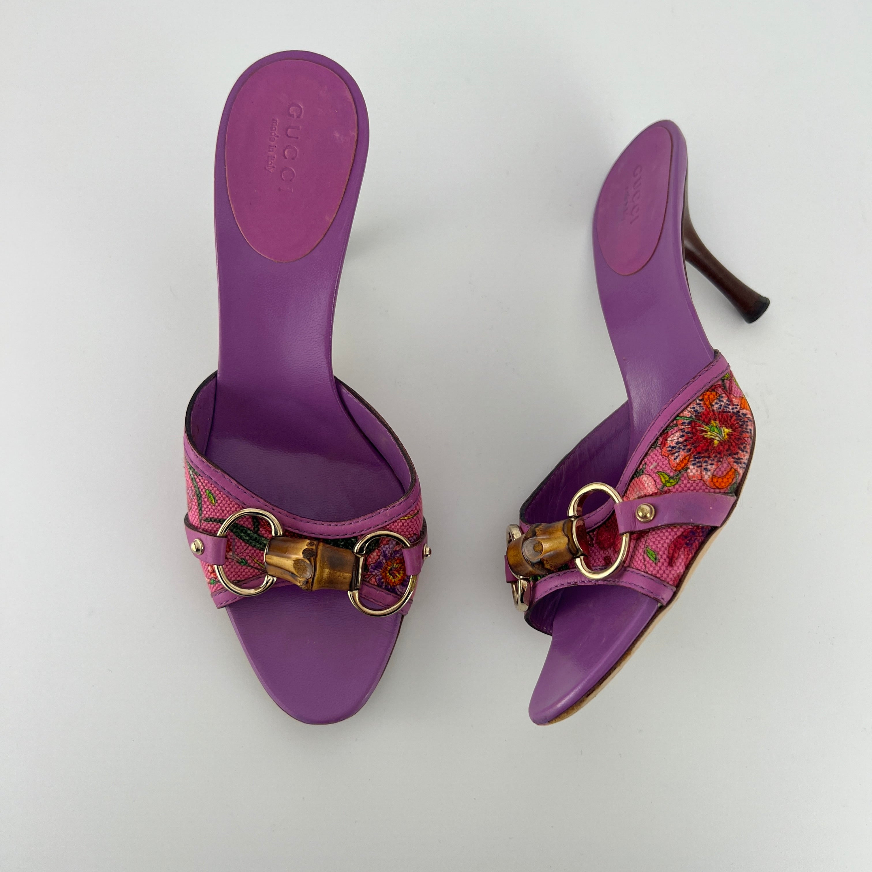 Gucci | Tom Ford Era Bamboo Horsebit Purple Canvas Mules (36C)