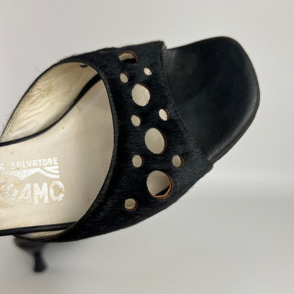Ferragamo | Black Cow Hair Round Cut Out Mid Heel Mules (6.5 / EU 36.5)