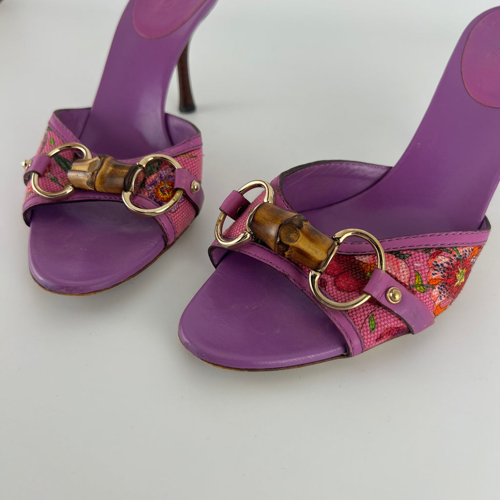 Gucci | Tom Ford Era Bamboo Horsebit Purple Canvas Mules (36C)