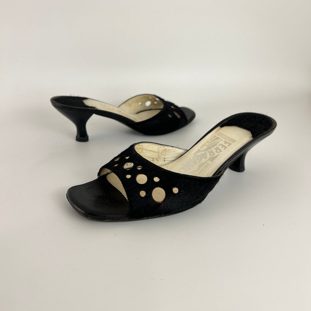 Ferragamo | Black Cow Hair Round Cut Out Mid Heel Mules (6.5 / EU 36.5)