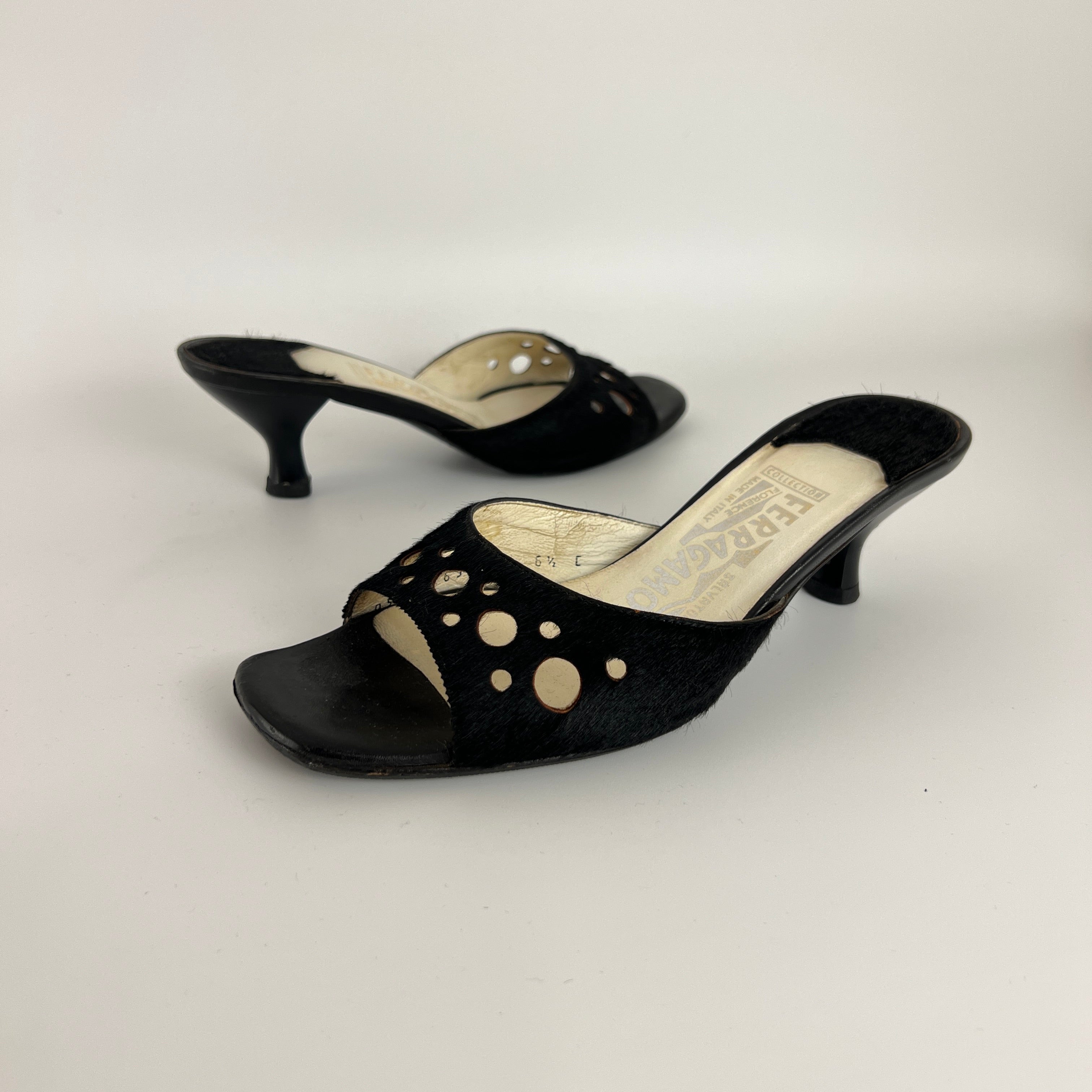 Ferragamo | Black Cow Hair Round Cut Out Mid Heel Mules (6.5 / EU 36.5)